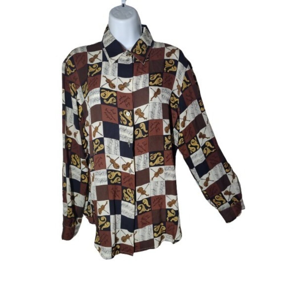 Ishyu 100% Silk Violin Music Patchwork Button Up Blouse Top 14/L